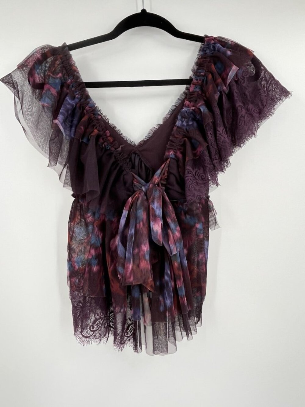 BY ANTHROPOLOGIE Womens Purple Abstract Tulle Ruffle Tie Back Top NWT Small - Picture 8 of 8